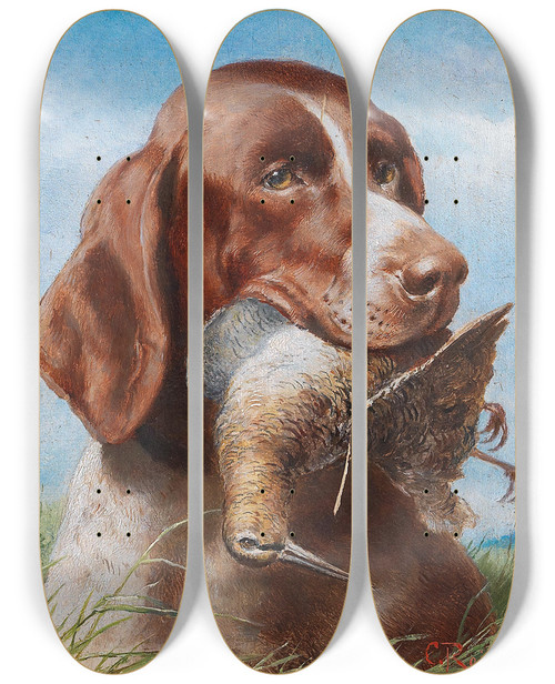 Triptych art skateboard deck of Carl Reichert Gundog With Snipe by Carl Reichert (1836-1918)