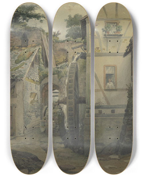 Triptych art skateboard deck of Jakob Frchtegott Dielmann Village Motif by Jakob Furchtegott Dielmann (1809-1885)