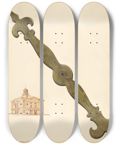Triptych art skateboard deck of Ivar Julius Bishop Hill Clock Hand by Ivar Julius
