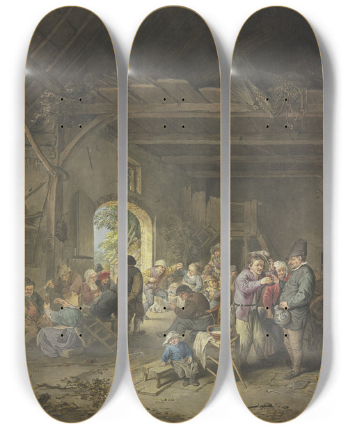 Triptych art skateboard deck of Jacobus Buys Revelling Peasants In A Barn by Jacobus Buys (1724-1801)