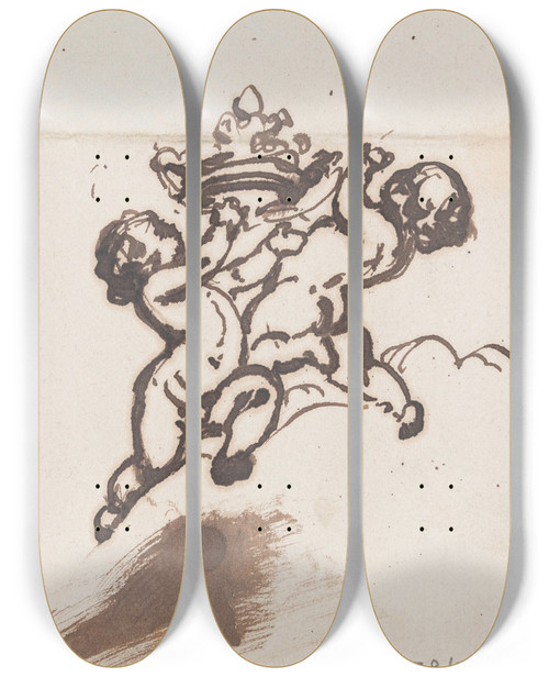 Triptych art skateboard deck of Nicaise De Keyser Two Putti With A Crown by Nicaise De Keyser (1813-1887)