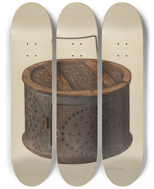 Triptych art skateboard deck of Marie Famularo Foot Warmer by Marie Famularo