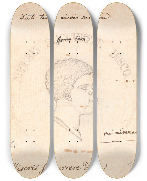 Triptych art skateboard deck of Nicolai Abildgaard Hovedet Af En Sort Afrikaner Indfldet I En Cirkel by Nicolai Abildgaard (1743-1809)