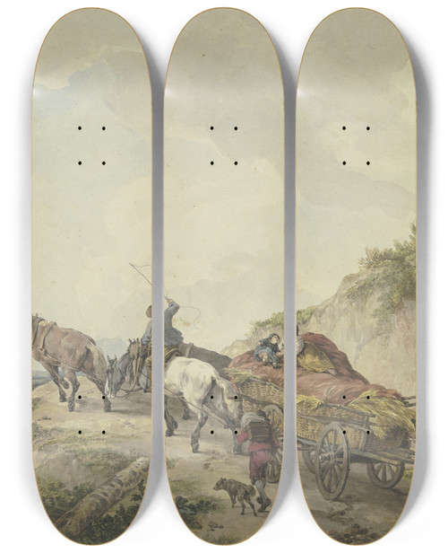 Triptych art skateboard deck of Wilhelm Von Kobell Bauernwagen In Bergiger Landschaft by Wilhelm von Kobell (1766-1853)