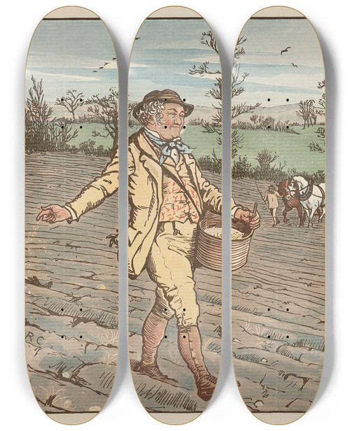Triptych art skateboard deck of Randolph Caldecott The House That Jack Built Pl9 by Randolph Caldecott (1846-1886)