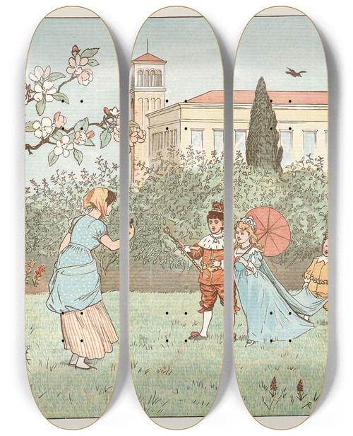 Triptych art skateboard deck of Randolph Caldecott Sing A Song For Sixpence Pl9 by Randolph Caldecott (1846-1886)