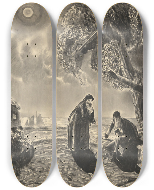 Triptych art skateboard deck of George Wesley Bellows Figures Inmoonlight by George Wesley Bellows (1882-1925)