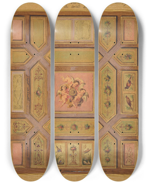 Triptych art skateboard deck of Julesedmondcharles Lachaise Design For A Paneled Ceiling Painted With Putti Birds And Floral Motifs On Tracing Paper Mounted On Wove Paper by Jules-Edmond-Charles Lachaise (1897)