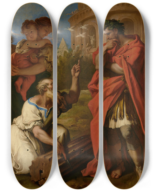 Triptych art skateboard deck of Sebastiano Ricci Tarquin The Elder Consulting Attus Navius by Sebastiano Ricci (1659-1734)