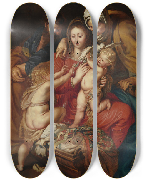 Triptych art skateboard deck of Peter Paul Rubens The Holy Family With St Elizabeth St John And A Dove by Peter Paul Rubens (1577-1640)
