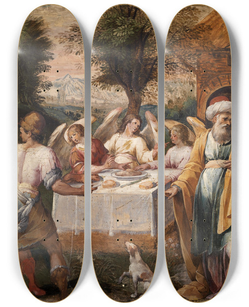 Triptych art skateboard deck of Avanzino Nucci Abraham And The Three Angels by Avanzino Nucci (1551-1629)