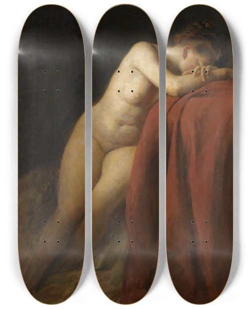 Triptych art skateboard deck of Franz Von Defregger Nude With Red Drape by Franz Von Defregger (1835-1921)