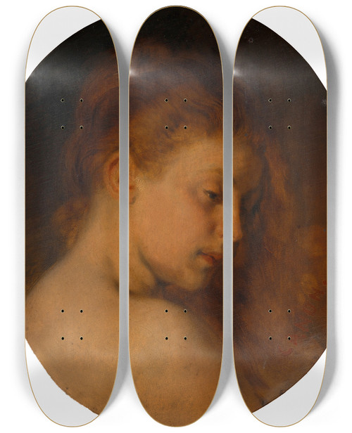 Triptych art skateboard deck of Hans Canon Weiblicher Studienkopf Wiederholung Zu Nach Dem Bade by Hans Canon (1829-1885)