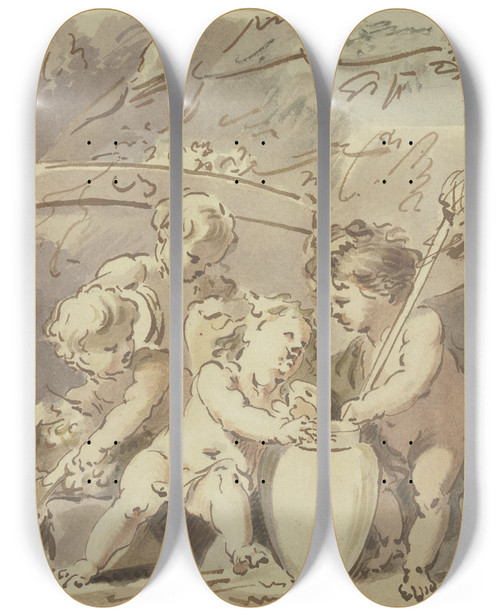 Triptych art skateboard deck of Jacob De Wit Vier Amoretten Bei Einer Vase by Jacob de Wit (1695-1754)