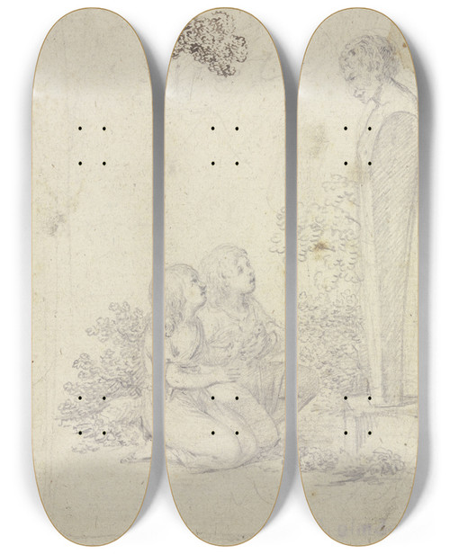 Triptych art skateboard deck of Johann Friedrich August Tischbein Knabe Und Mdchen Mit Einer Taube Vor Einer Mnnlichen Herme Kniend by Johann Friedrich August Tischbein (1750-1812)