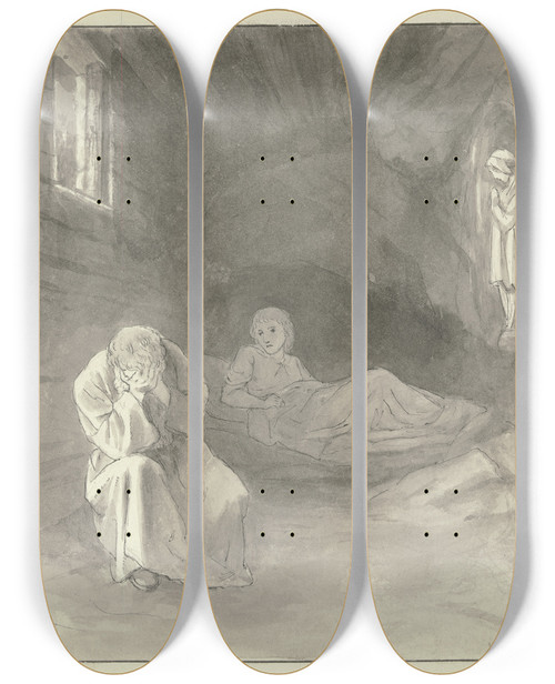 Triptych art skateboard deck of Wilhelm Steinhausen Am Tisch Sitzender Mann In Einer Felsnische by Wilhelm Steinhausen (1846-1924)