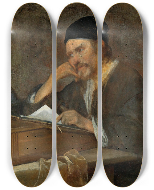 Triptych art skateboard deck of Gerard Ter Borch The Philosopher Heraclitus by Gerard Ter Borch (1617-1681)