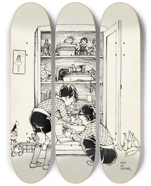 Triptych art skateboard deck of Miep De Feijter Twee Kinderen Voor Een Speelgoedkast by Miep de Feijter (20-)
