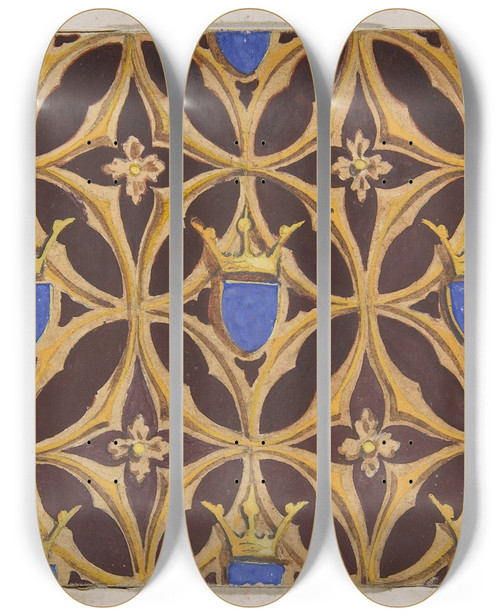 Triptych art skateboard deck of Julesedmondcharles Lachaise Design For Wallpaper Featuring Blue Shields Surmouted By Crowns by Jules-Edmond-Charles Lachaise (1897)