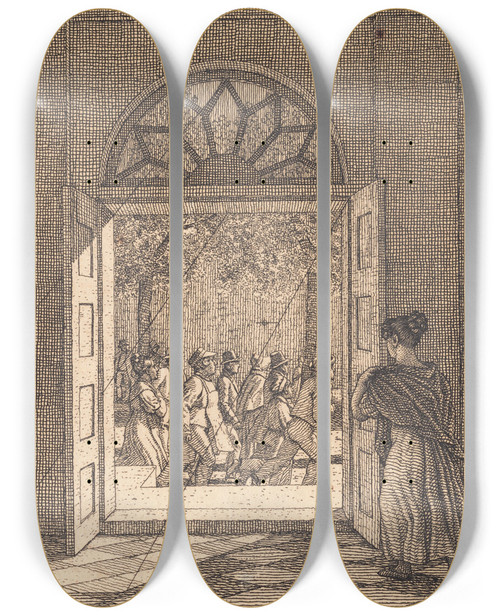 Triptych art skateboard deck of Christoffer Wilhelm Eckersberg Fra En Forstue Illustration Til Linearperspectiven Tavle Vi by Christoffer Wilhelm Eckersberg (1783-1853)