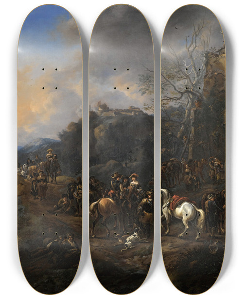 Triptych art skateboard deck of Thomas Wijck A Troop Of Cavalrymen And Other Figures Outside An Inn A Hill Fort Beyond by Thomas Wijck (1616-1677)