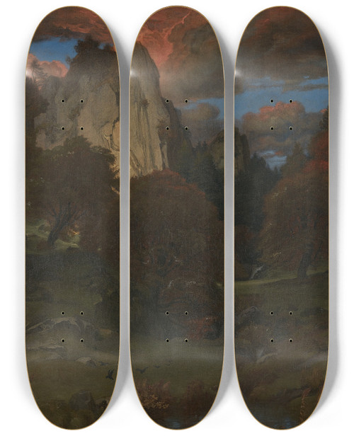 Triptych art skateboard deck of Emil Lugo Autumn Evening In The Black Forest by Emil Lugo (1840-1902)