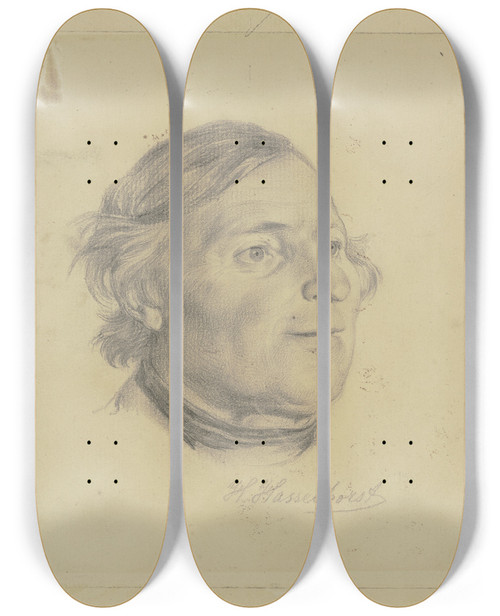 Triptych art skateboard deck of Johann Heinrich Hasselhorst Head Of An Elderly Gentleman by Johann Heinrich Hasselhorst (1825-1904)