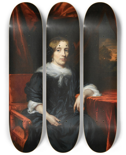 Triptych art skateboard deck of Nicolaes Maes Portrait Of A Lady In Black Dress by Nicolaes Maes (1634-1693)