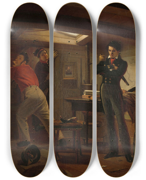 Triptych art skateboard deck of Jacobus Schoemaker Doyer Jan Van Speijk Debating Whether To Set Fire To The Gunpowder by Jacobus Schoemaker Doyer (1792-1867)