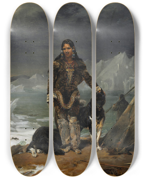 Triptych art skateboard deck of Lon Cogniet A Woman From The Land Of Eskimos by Leon Cogniet (1794-1880)