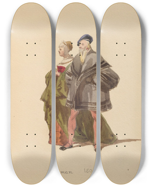 Triptych art skateboard deck of John Richard Coke Smyth Sketches Of Costume Pl046 by John Richard Coke Smyth (1808-1882)