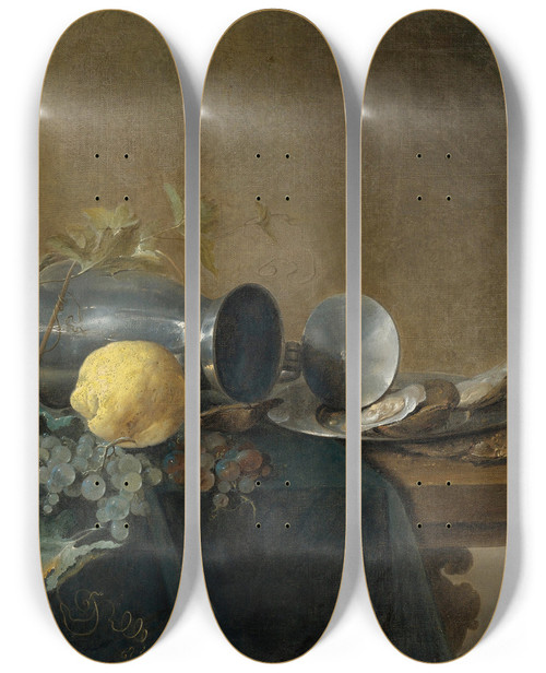 Triptych art skateboard deck of Jan Davidsz De Heem Still Life Of A Pewter Tankard Lemon Oysters And Grapes by Jan Davidsz de Heem (1606-1684)