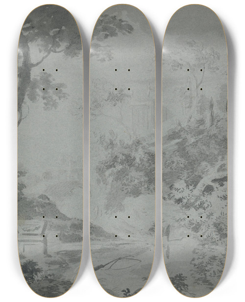 Triptych art skateboard deck of William Taverner Landscape With A Distant Classical Building And A Man Fishing by William Taverner (1700-1772)