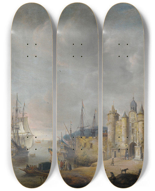 Triptych art skateboard deck of Jan Abrahamsz Beerstraaten A Harbour Scene With A Manofwar And Other Shipping Figures Conversing On The Shore by Jan Abrahamsz Beerstraaten (1622-1666)
