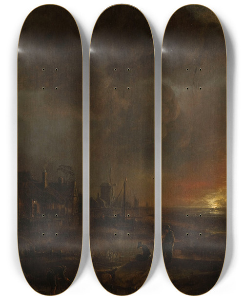 Triptych art skateboard deck of Aert Van Der Neer Fishing At Night by Aert van der Neer (1603-1677)