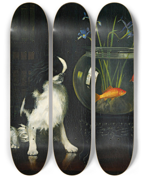 Triptych art skateboard deck of Alexander Pope Jr Japanese Chin And Goldfish by Alexander Pope Jr 2 (1849-1924)