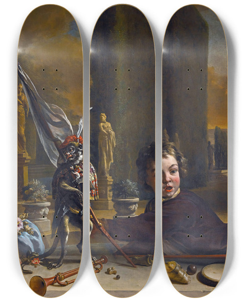Triptych art skateboard deck of Jan Weenix A Trompe Loeilwith A Boy And A Monkey A Formal Italianate Garden Beyond by Jan Weenix (1641-1719)