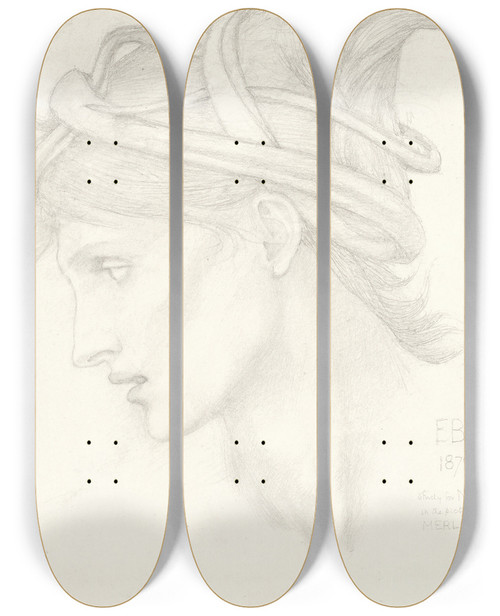 Triptych art skateboard deck of Sir Edward Coley Burnejones Head Study Of Maria Zambaco For Nimue In The Beguiling Of Merlin by Sir Edward Coley Burne-Jones (1833-1898)