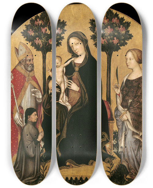 Triptych art skateboard deck of Gentile Da Fabriano Mary Enthroned With The Child Saints And A Donor by Gentile da Fabriano (1370-1427)