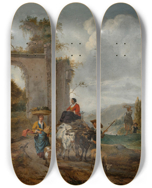 Triptych art skateboard deck of Hendrick Mommers An Italianate Landscape With Villagers And An Oxcart by Hendrick Mommers (1623-1693)