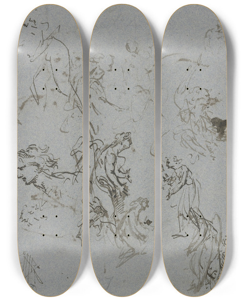 Triptych art skateboard deck of Jacob De Wit Kopf Eines Mannes Im Profil Mehrere Schreitende Figuren Sowie Federproben by Jacob de Wit (1695-1754)