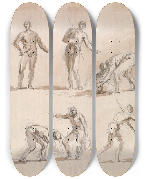 Triptych art skateboard deck of Sawrey Gilpin Studies Of Figures In Several Different Positions by Sawrey Gilpin (1733-1807)