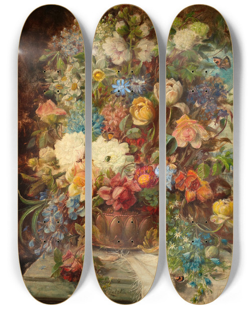 Triptych art skateboard deck of Hans Zatzka Summer Flowers On A Ledge by Hans Zatzka (1859-1945)