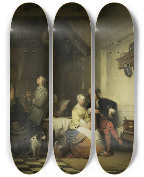 Triptych art skateboard deck of Ferdinand De Braekeleer Interior Of An Inn With Figures In Seventeenthcentury Costume by Ferdinand De Braekeleer (1792-1883)