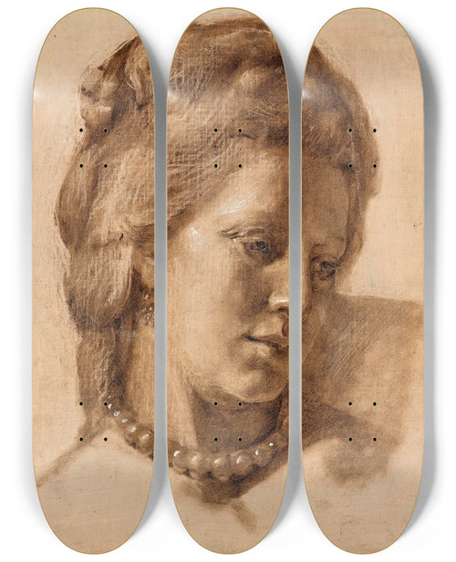 Triptych art skateboard deck of Kristian Zahrtmann Queen Caroline Mathilda Study For The 1873 Work Scene From Christian Viis Court by Kristian Zahrtmann (1834-1912)