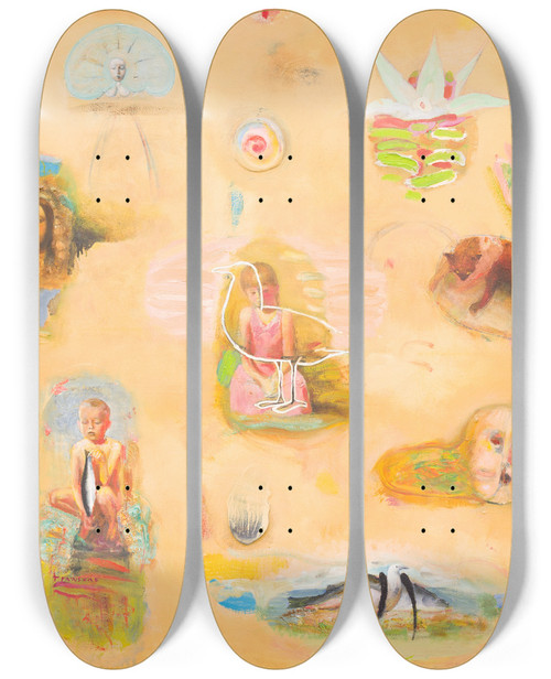 Triptych art skateboard deck of Tiit Psuke Bird And Fish And Other Things Associated With This by Tiit Paasuke (1941)