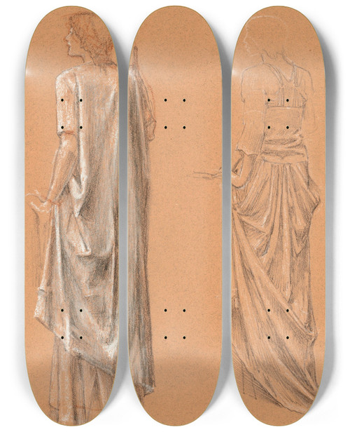 Triptych art skateboard deck of Sir Edward Coley Burnejones Study Of A Draped Female Figure With A Subsidiary Study Of The Same For The Sleep Of Arthur In Avalon by Sir Edward Coley Burne-Jones (1833-1898)
