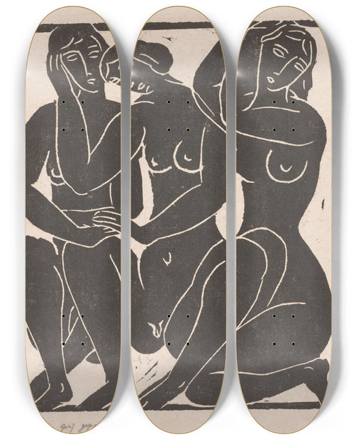 Triptych art skateboard deck of Moissej Kogan Drie Zittende Naakte Vrouwen by Moissej Kogan