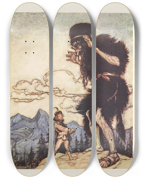 Triptych art skateboard deck of Arthur Rackham Pulling The Piece Of Soft Cheese Out Of His Pocket He Squeezed It Till The Moisture Ran Out by Arthur Rackham (1867-1939)