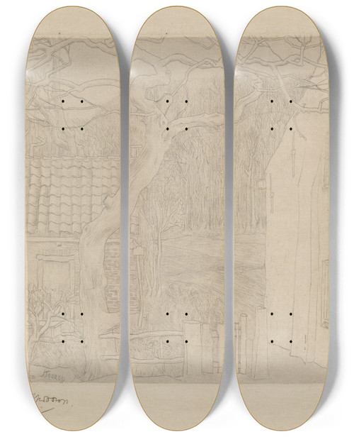 Triptych art skateboard deck of Jan Toorop Boom Bij Twee Huizen Aan Een Bosrand by Jan Toorop (1858-1928)